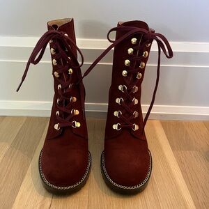 Stuart Weitzman Kolbie Block Heel Red Suede Lace Up Booties
